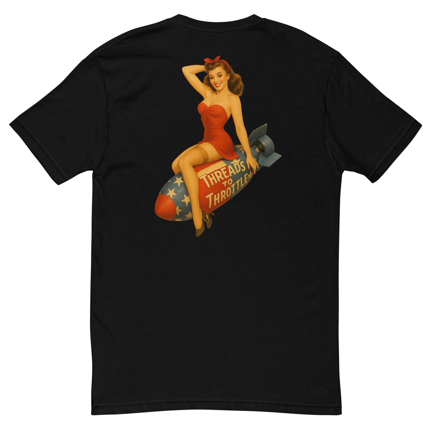 Pin-up girl on a flag painted bomb on a black t-shirt