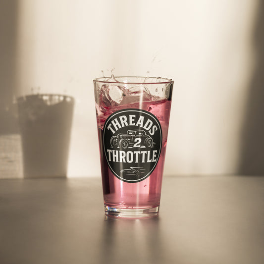 retro racing style pint glass with hot rod artwork