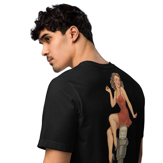 pin up girl on a spark plug black t shirt worn by model