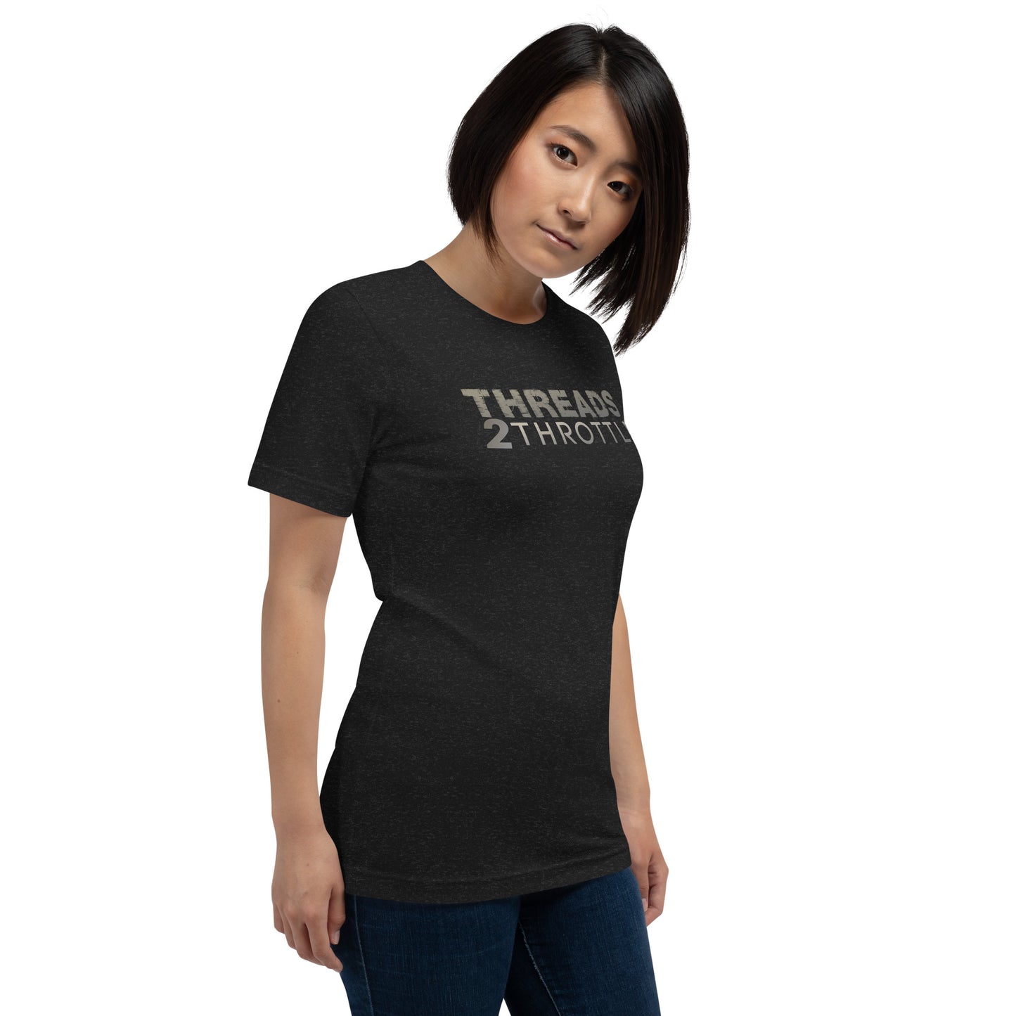 Girl wearing a black t-shirt with 'Threads 2 Throttle' logo