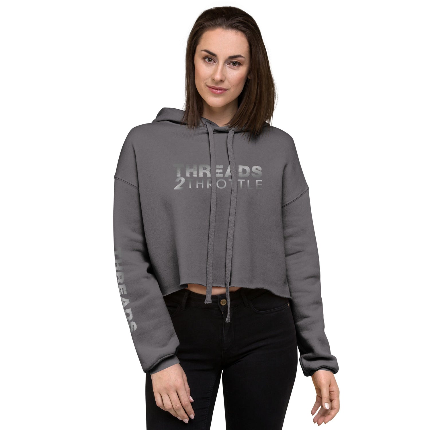 gray crop top hoodie with threads 2 throttle logo worn by model