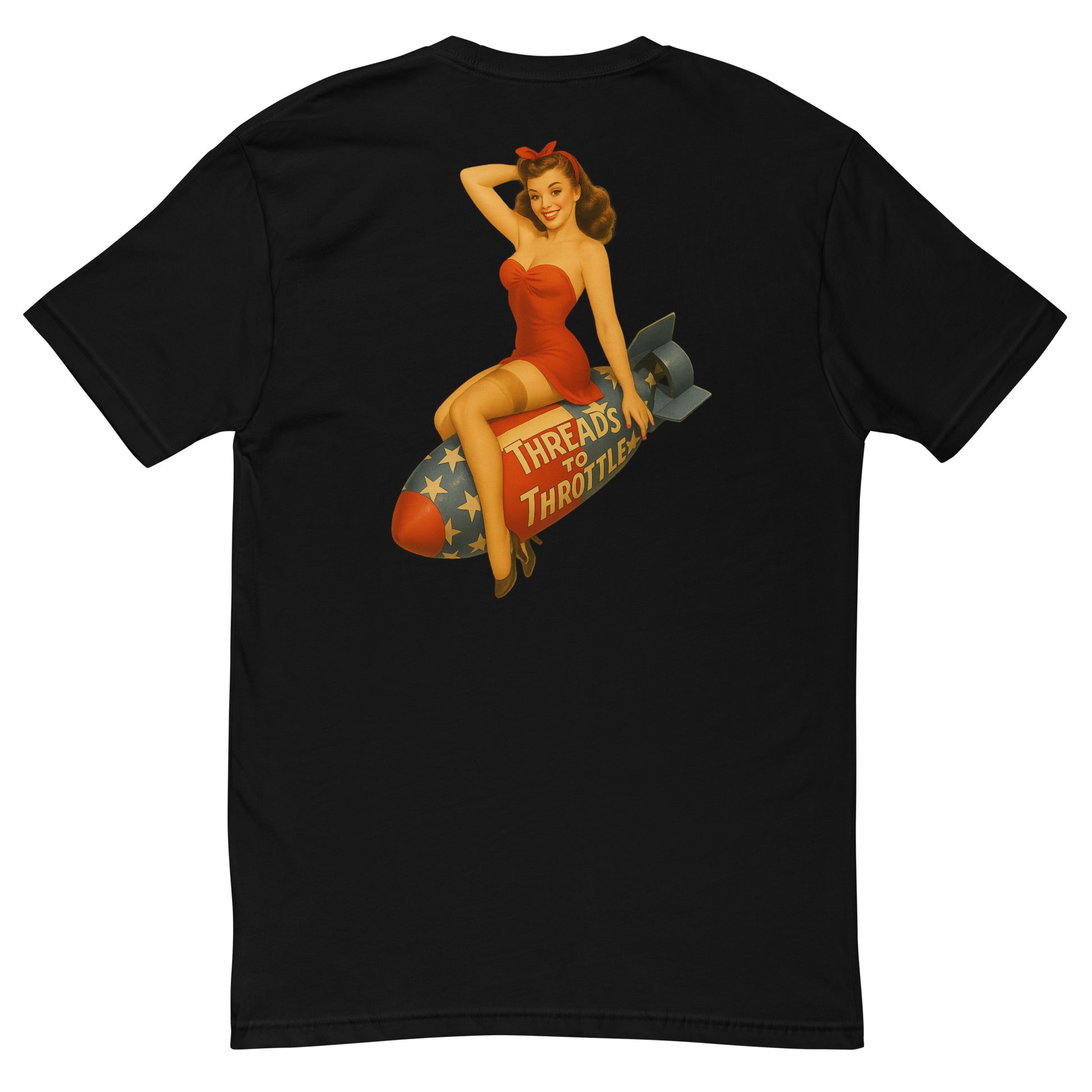 Pin-up girl on a flag painted bomb on a black t-shirt
