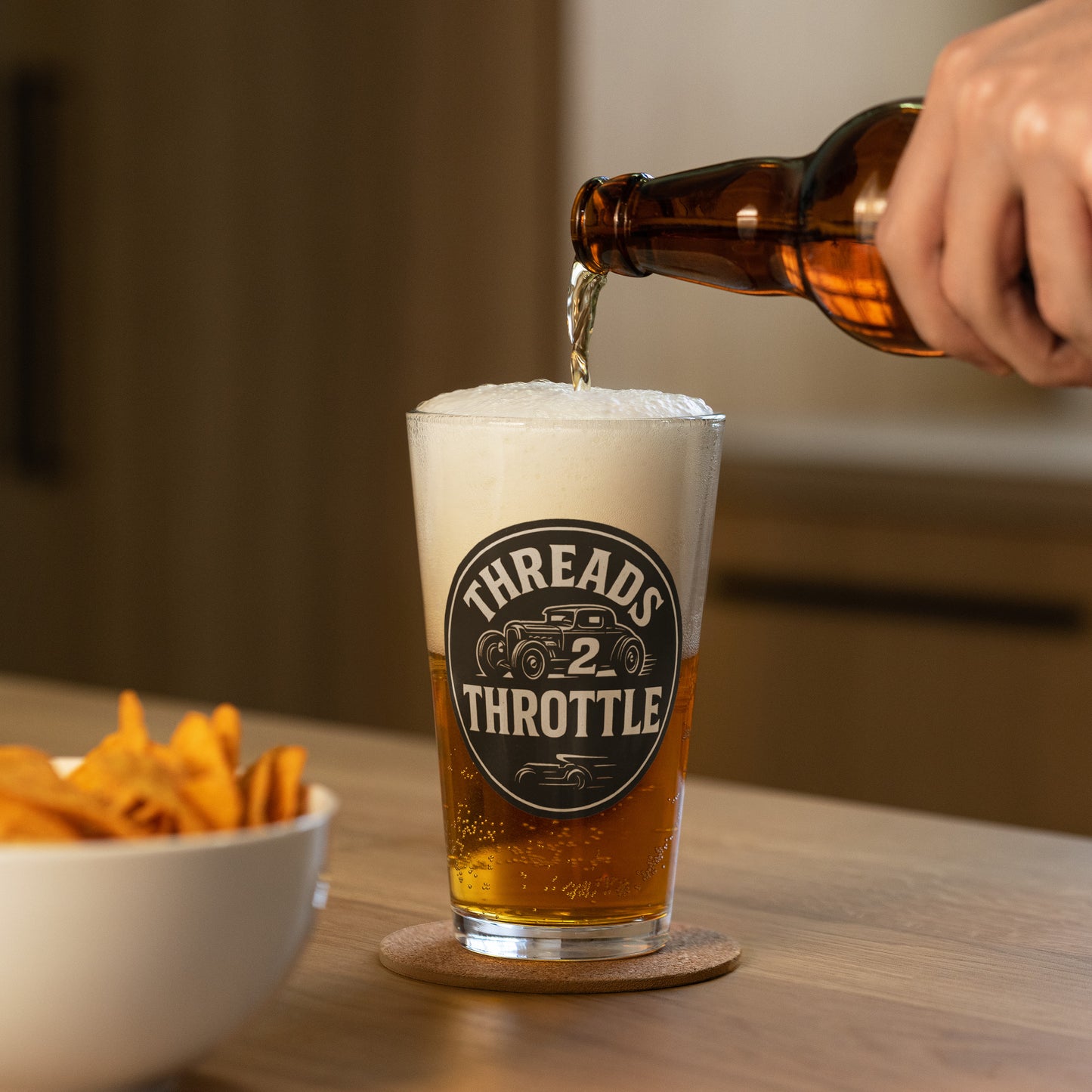 Threads 2 Throttle branded beer glass for garage and car meets