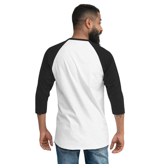 Man wearing a black and white baseball shirt on a white background