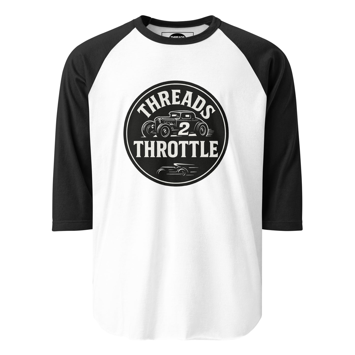 Threads 2 Throttle classic hot rod raglan baseball t-shirt with black sleeves and vintage car logo