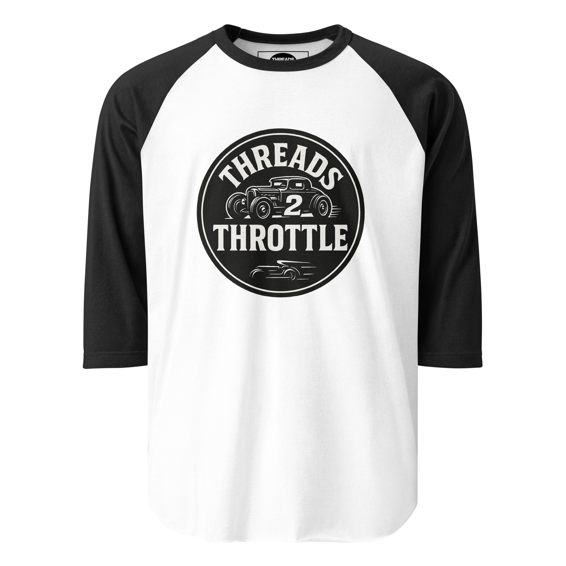 Threads 2 Throttle classic hot rod raglan baseball t-shirt with black sleeves and vintage car logo