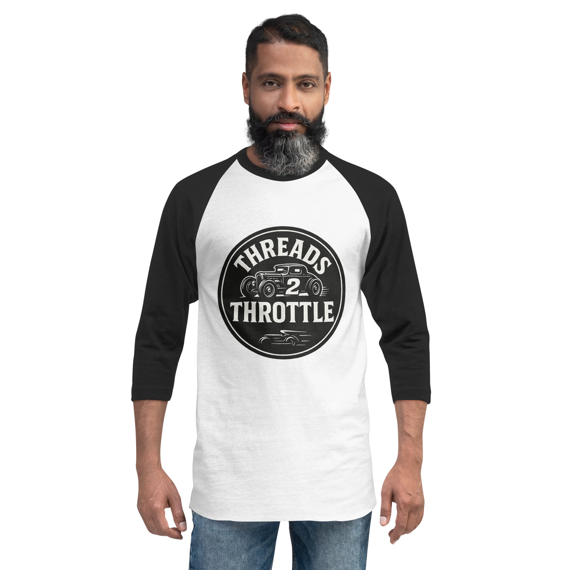 Threads 2 Throttle classic hot rod raglan baseball t-shirt with black sleeves and vintage car logo worn by model