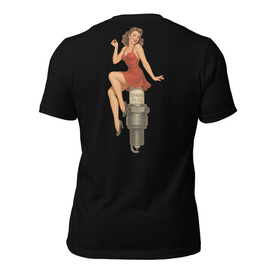 pin up girl on a spark plug black t shirt