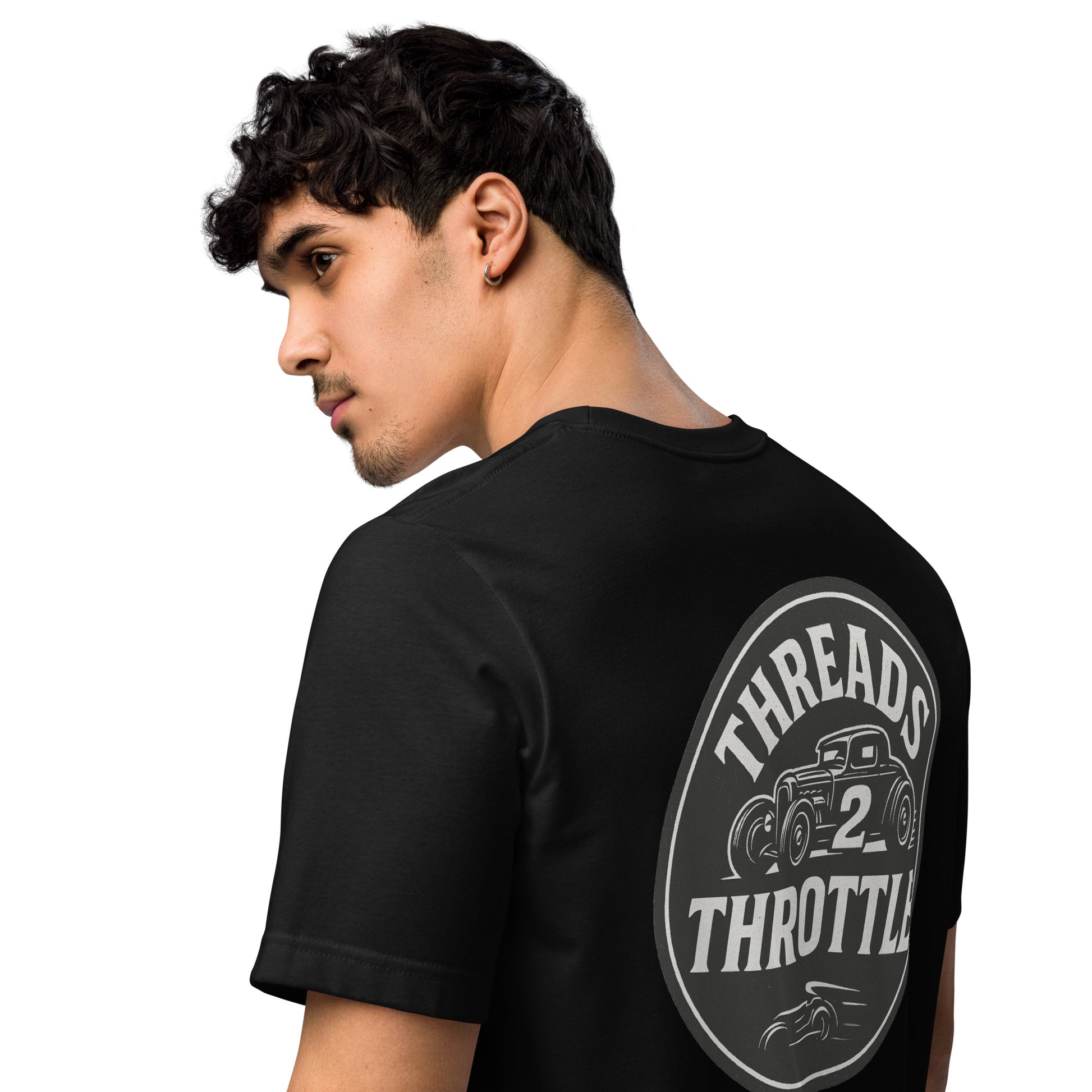 black hot rod t shirt with classic hot rod illustration worn by model back view