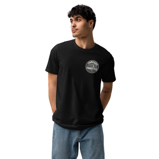 black hot rod t shirt with classic hot rod illustration worn by model