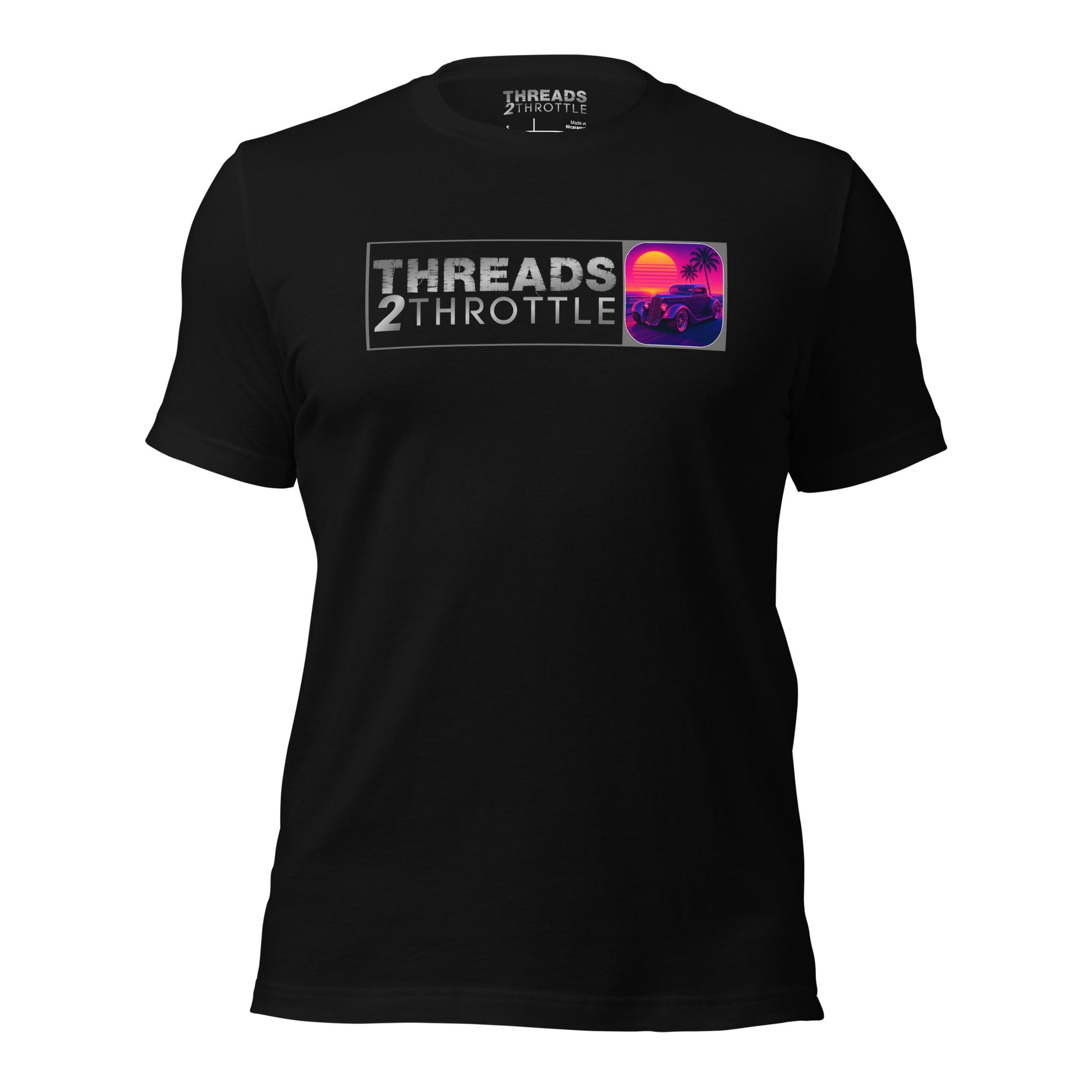 retro hot rod sunset t-shirt with Threads 2 Throttle logo