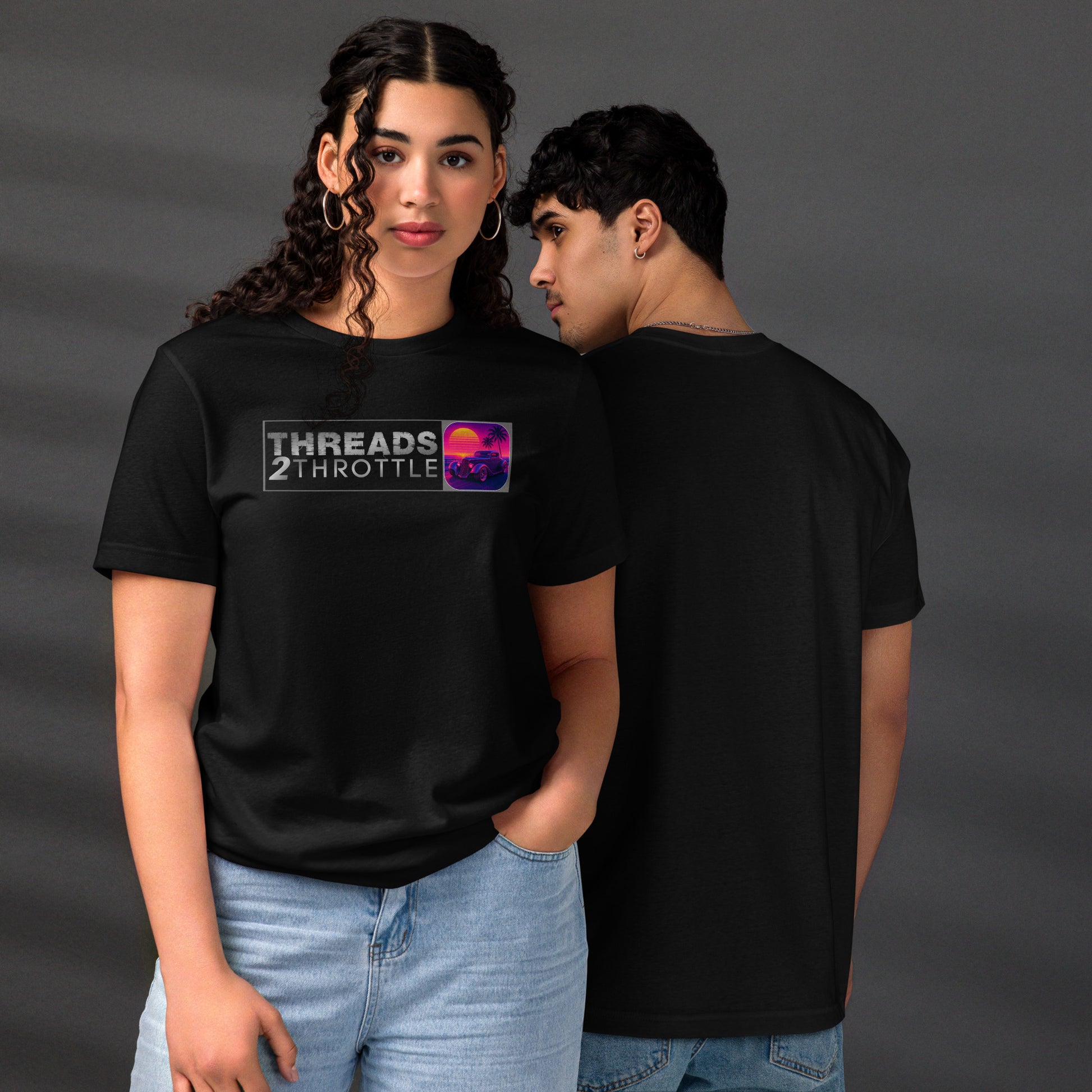 retro hot rod sunset t-shirt with Threads 2 Throttle logo