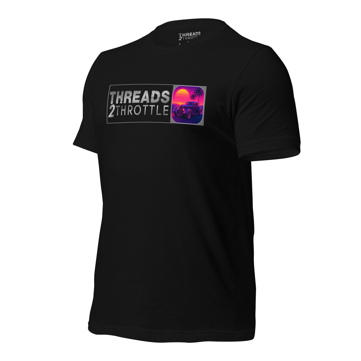 retro hot rod sunset t-shirt with Threads 2 Throttle logo