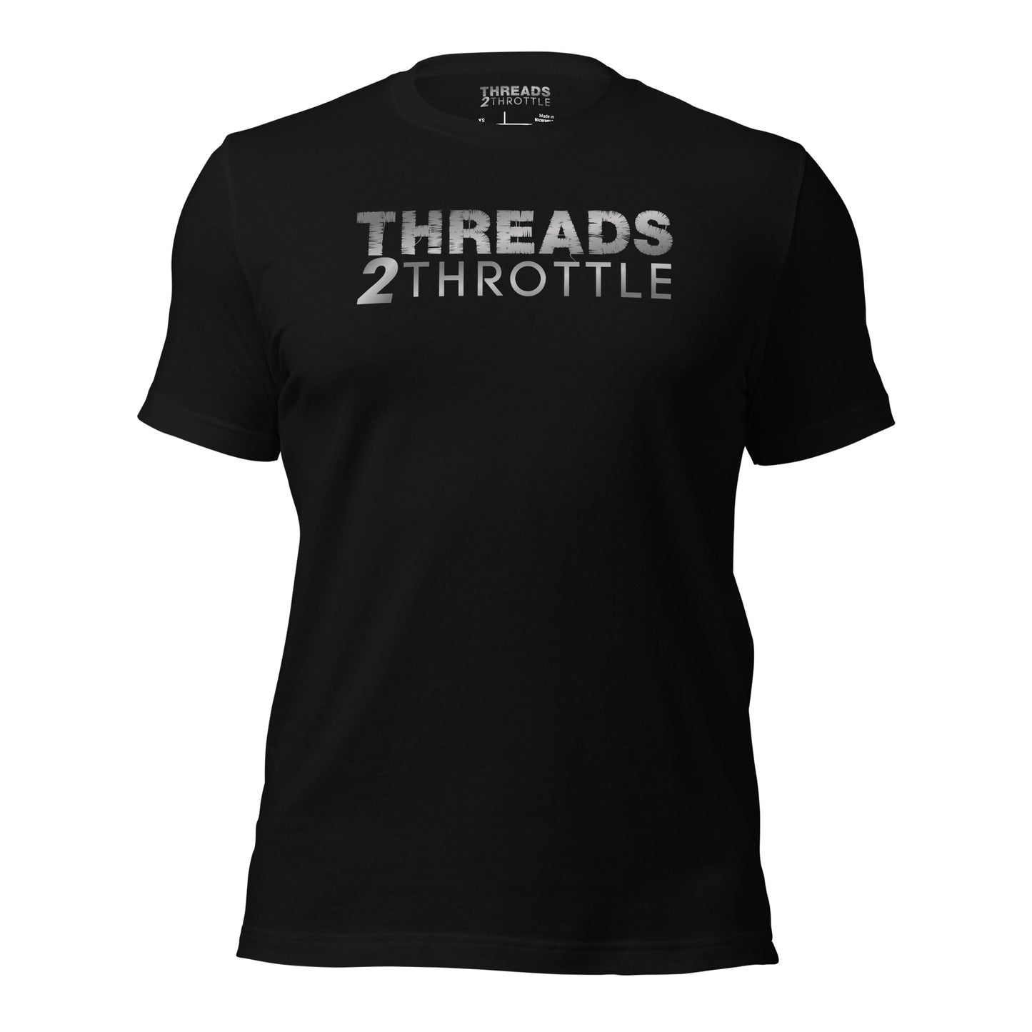 Threads 2 Throttle logo printed on black t-shirt, vintage motorsports streetwear
