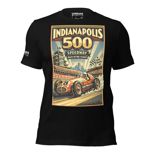 Black t-shirt with Indianapolis 500 graphic design featuring a race car and stadium.