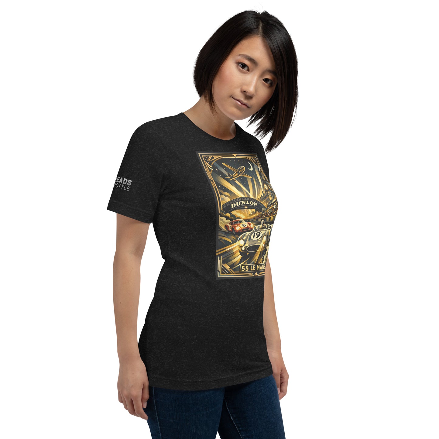 Le Mans classic art deco style t-shirt worn by model