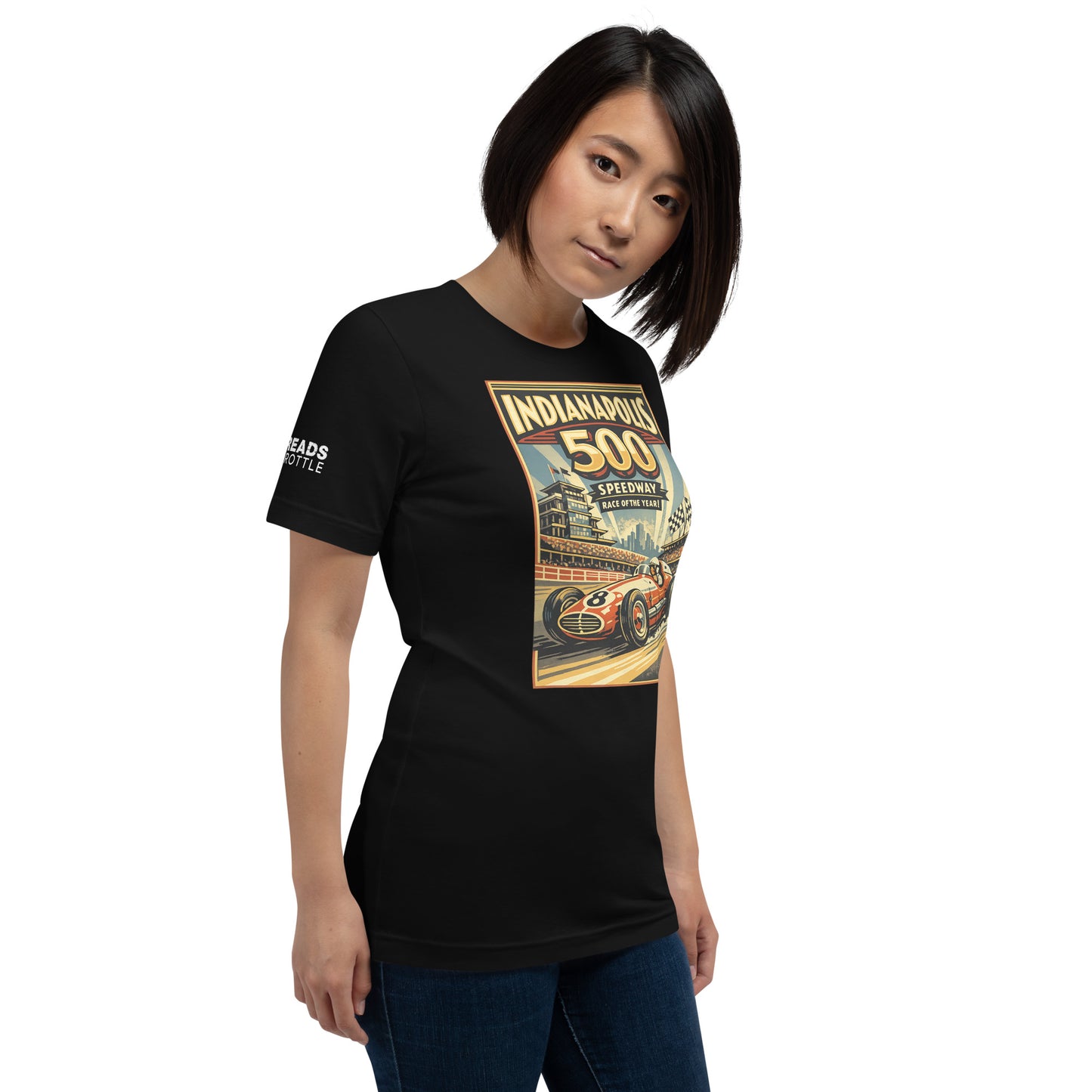 Vintage style Indy 500 art deco t-shirt black worn by female model